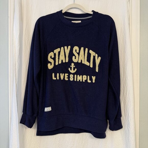 Simply Southern Stay Salty Navy Nautical Beach Fisherman Pullover Sweatshirt Sm - Picture 1 of 12